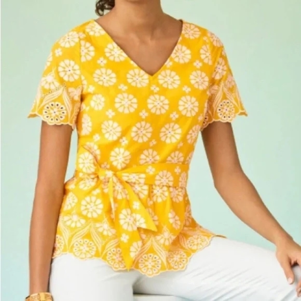 Talbots Shirt Womens 8P Yellow Floral Cotton Peplum Embroidered Eyelet Coastal